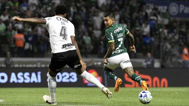 Dudu e Gil disputam bola em Palmeiras x Corinthians (Foto: Marcos Ribolli)