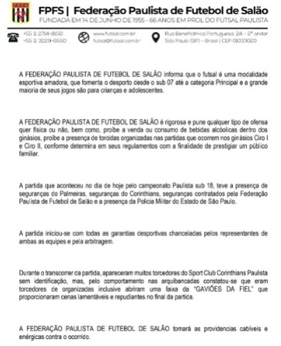 Foto: Reprodução/Instagram - FPFS não aliviou ao Corinthains.