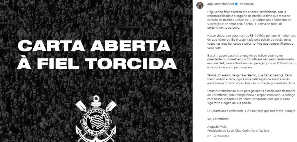 Presidente descartou SAF no Timão - Foto: Reprodução Instagram/ 
augustomelooficial